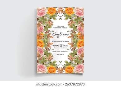 WEDDING INVITATION FRAME WITH FLOWER DECORATIONS AND FRESH LEAVES