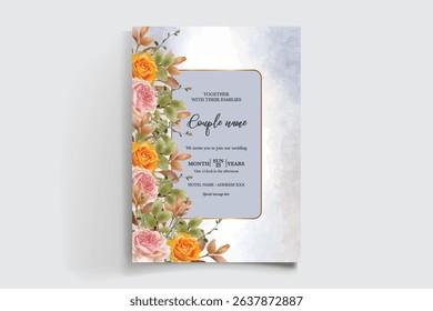 WEDDING INVITATION FRAME WITH FLOWER DECORATIONS AND FRESH LEAVES