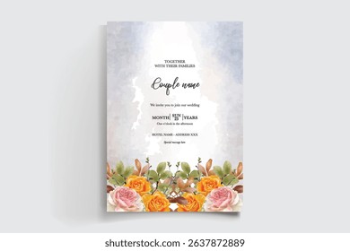 WEDDING INVITATION FRAME WITH FLOWER DECORATIONS AND FRESH LEAVES