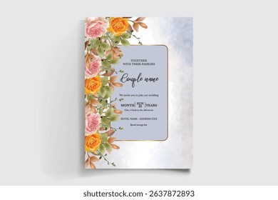 WEDDING INVITATION FRAME WITH FLOWER DECORATIONS AND FRESH LEAVES