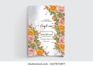 WEDDING INVITATION FRAME WITH FLOWER DECORATIONS AND FRESH LEAVES
