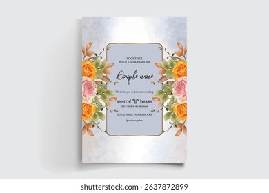WEDDING INVITATION FRAME WITH FLOWER DECORATIONS AND FRESH LEAVES
