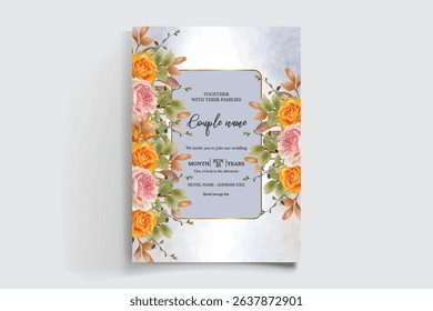 WEDDING INVITATION FRAME WITH FLOWER DECORATIONS AND FRESH LEAVES