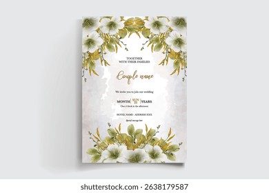 WEDDING INVITATION FRAME WITH FLOWER DECORATIONS AND FRESH LEAVES