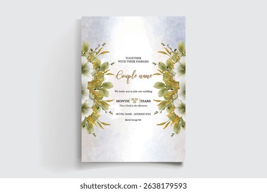 WEDDING INVITATION FRAME WITH FLOWER DECORATIONS AND FRESH LEAVES