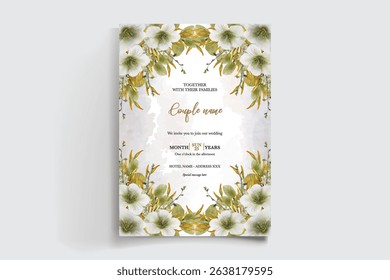 WEDDING INVITATION FRAME WITH FLOWER DECORATIONS AND FRESH LEAVES