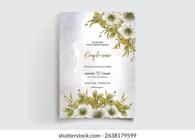 WEDDING INVITATION FRAME WITH FLOWER DECORATIONS AND FRESH LEAVES
