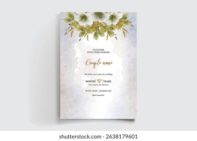WEDDING INVITATION FRAME WITH FLOWER DECORATIONS AND FRESH LEAVES