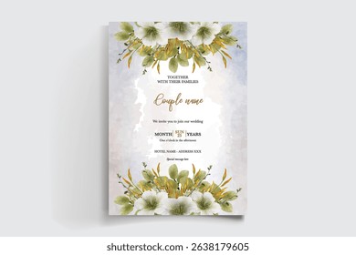 WEDDING INVITATION FRAME WITH FLOWER DECORATIONS AND FRESH LEAVES