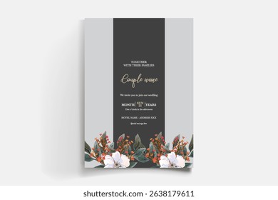 WEDDING INVITATION FRAME WITH FLOWER DECORATIONS AND FRESH LEAVES