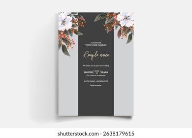 WEDDING INVITATION FRAME WITH FLOWER DECORATIONS AND FRESH LEAVES