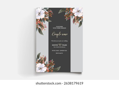 WEDDING INVITATION FRAME WITH FLOWER DECORATIONS AND FRESH LEAVES
