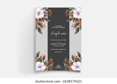 WEDDING INVITATION FRAME WITH FLOWER DECORATIONS AND FRESH LEAVES