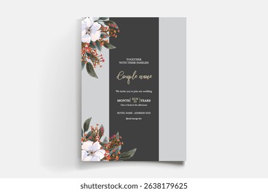 WEDDING INVITATION FRAME WITH FLOWER DECORATIONS AND FRESH LEAVES