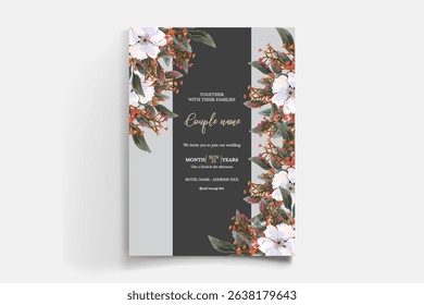 WEDDING INVITATION FRAME WITH FLOWER DECORATIONS AND FRESH LEAVES