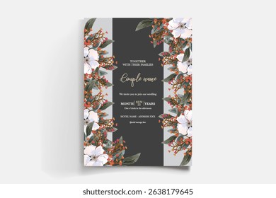 WEDDING INVITATION FRAME WITH FLOWER DECORATIONS AND FRESH LEAVES