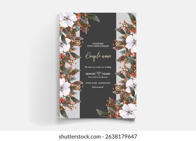 WEDDING INVITATION FRAME WITH FLOWER DECORATIONS AND FRESH LEAVES