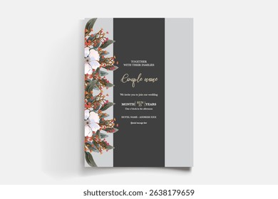 WEDDING INVITATION FRAME WITH FLOWER DECORATIONS AND FRESH LEAVES