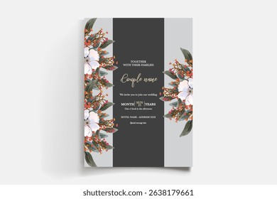 WEDDING INVITATION FRAME WITH FLOWER DECORATIONS AND FRESH LEAVES