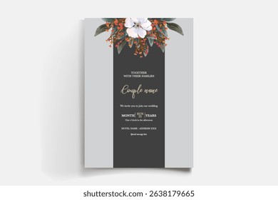 WEDDING INVITATION FRAME WITH FLOWER DECORATIONS AND FRESH LEAVES