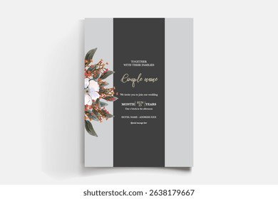 WEDDING INVITATION FRAME WITH FLOWER DECORATIONS AND FRESH LEAVES