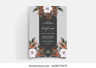 WEDDING INVITATION FRAME WITH FLOWER DECORATIONS AND FRESH LEAVES