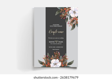 WEDDING INVITATION FRAME WITH FLOWER DECORATIONS AND FRESH LEAVES