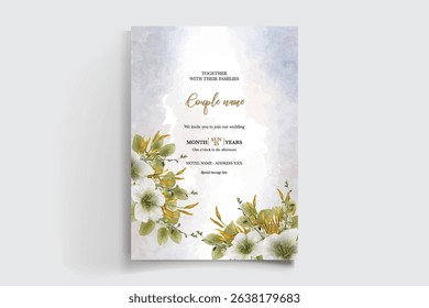WEDDING INVITATION FRAME WITH FLOWER DECORATIONS AND FRESH LEAVES