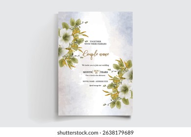 WEDDING INVITATION FRAME WITH FLOWER DECORATIONS AND FRESH LEAVES