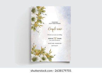 WEDDING INVITATION FRAME WITH FLOWER DECORATIONS AND FRESH LEAVES