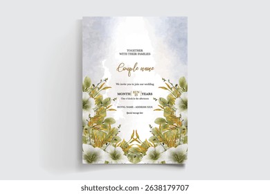 WEDDING INVITATION FRAME WITH FLOWER DECORATIONS AND FRESH LEAVES
