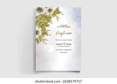 WEDDING INVITATION FRAME WITH FLOWER DECORATIONS AND FRESH LEAVES