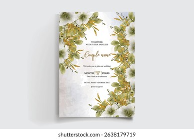 WEDDING INVITATION FRAME WITH FLOWER DECORATIONS AND FRESH LEAVES