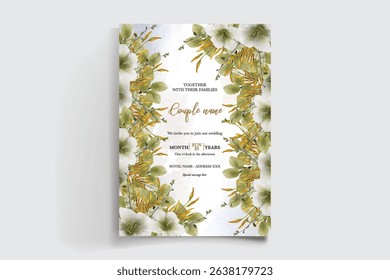 WEDDING INVITATION FRAME WITH FLOWER DECORATIONS AND FRESH LEAVES