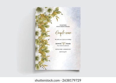 WEDDING INVITATION FRAME WITH FLOWER DECORATIONS AND FRESH LEAVES