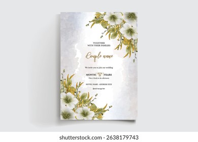 WEDDING INVITATION FRAME WITH FLOWER DECORATIONS AND FRESH LEAVES