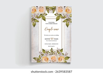 WEDDING INVITATION FRAME WITH FLOWER DECORATIONS AND FRESH LEAVES