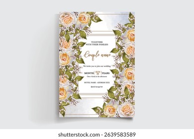 WEDDING INVITATION FRAME WITH FLOWER DECORATIONS AND FRESH LEAVES