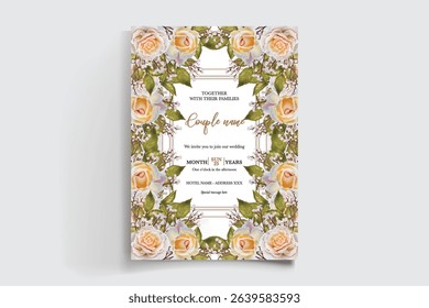 WEDDING INVITATION FRAME WITH FLOWER DECORATIONS AND FRESH LEAVES