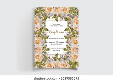 WEDDING INVITATION FRAME WITH FLOWER DECORATIONS AND FRESH LEAVES