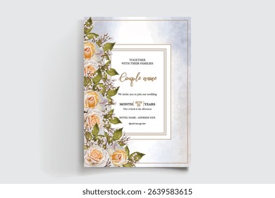 WEDDING INVITATION FRAME WITH FLOWER DECORATIONS AND FRESH LEAVES