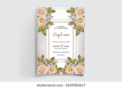 WEDDING INVITATION FRAME WITH FLOWER DECORATIONS AND FRESH LEAVES