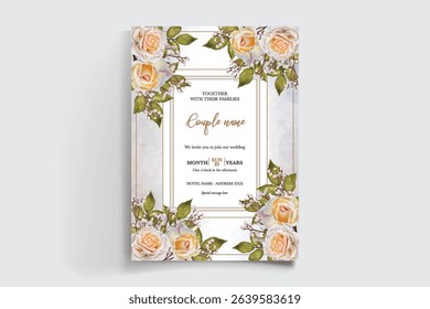 WEDDING INVITATION FRAME WITH FLOWER DECORATIONS AND FRESH LEAVES