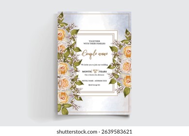 WEDDING INVITATION FRAME WITH FLOWER DECORATIONS AND FRESH LEAVES