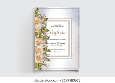 WEDDING INVITATION FRAME WITH FLOWER DECORATIONS AND FRESH LEAVES