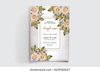 WEDDING INVITATION FRAME WITH FLOWER DECORATIONS AND FRESH LEAVES