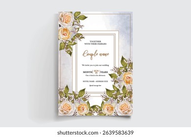 WEDDING INVITATION FRAME WITH FLOWER DECORATIONS AND FRESH LEAVES