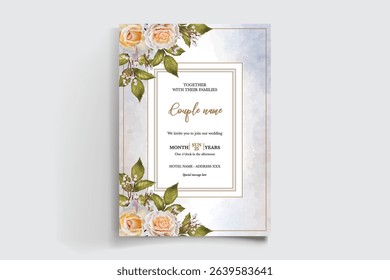 WEDDING INVITATION FRAME WITH FLOWER DECORATIONS AND FRESH LEAVES