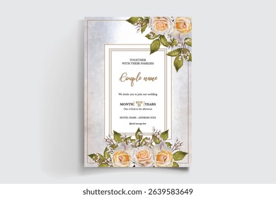WEDDING INVITATION FRAME WITH FLOWER DECORATIONS AND FRESH LEAVES