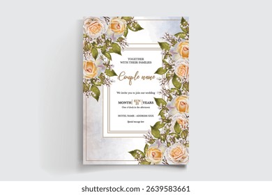 WEDDING INVITATION FRAME WITH FLOWER DECORATIONS AND FRESH LEAVES